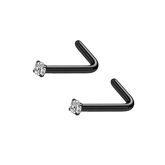 2 Clear CZ Black Stainless Steel L Bend Nose Studs