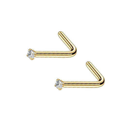 2 Clear CZ Golden Stainless Steel L Bend Nose Studs