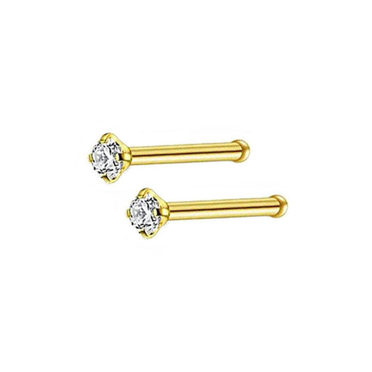 2 Clear CZ Golden Stainless Steel Straight Nose Bone Studs