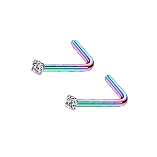 2 Clear CZ Rainbow Stainless Steel L Bend Nose Studs