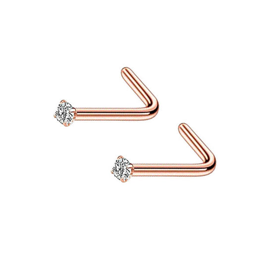 2 Clear CZ Rose Gold Stainless Steel L Bend Nose Studs