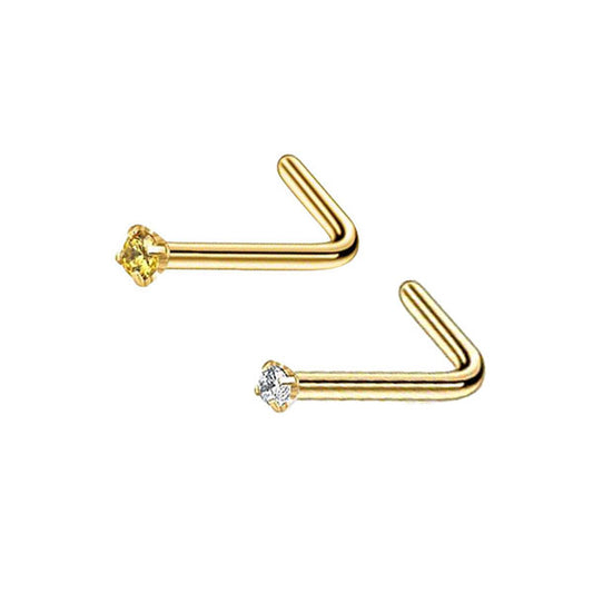 2 Coloured Clear CZ Golden Stainless Steel L Bend Nose Studs