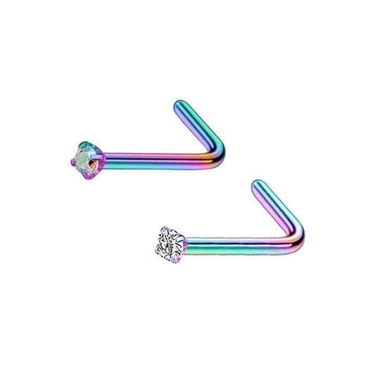 2 Coloured Clear CZ Rainbow Stainless Steel L Bend Nose Studs