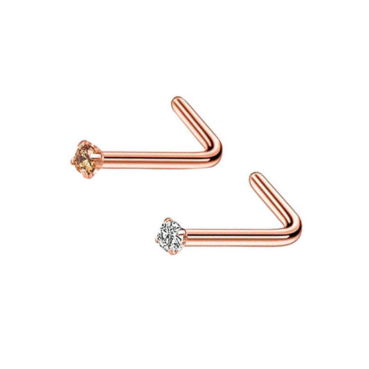 2 Coloured Clear CZ Rose Gold Stainless Steel L Bend Nose Studs