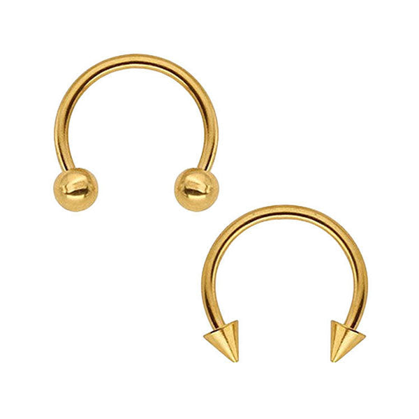 2 Double Ball & Spike Golden Titanium Steel Horseshoe Barbell Nose Rings