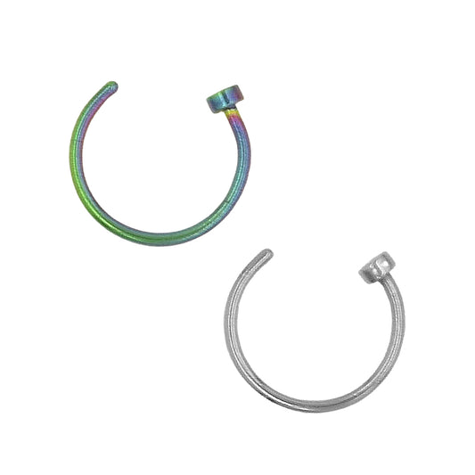 2 Flat Circle Rainbow Silver Stainless Steel Hoop Nose Rings