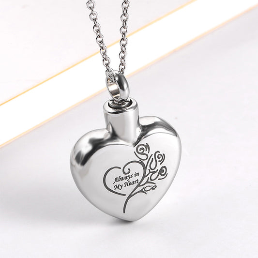 Always In My Heart Flowers Silver Titanium Steel Cremation Ashes Necklace