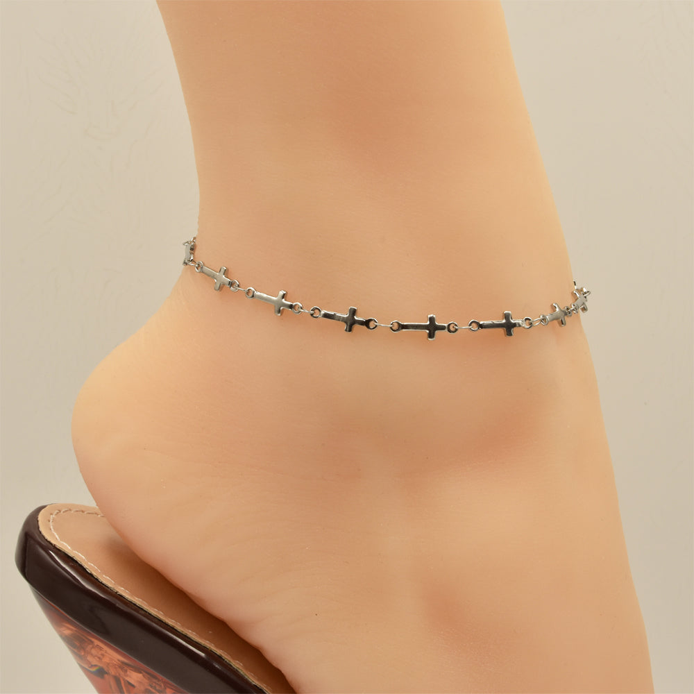 Cross Chain Silver Stainless Steel Anklet