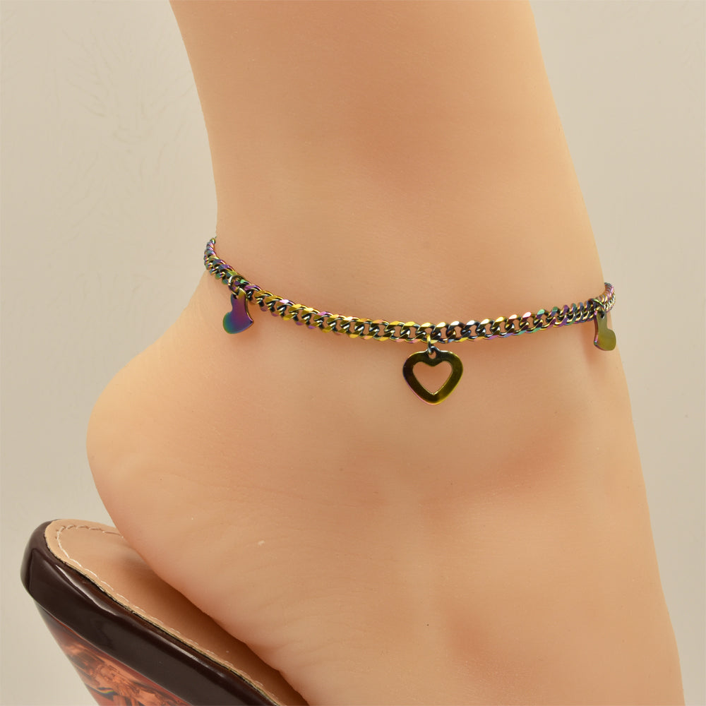 Curb Chain With Hearts Rainbow Stainless Steel Anklet