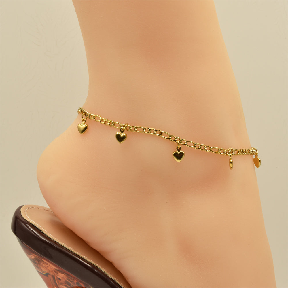 Figaro Chain With Hearts Golden Stainless Steel Anklet