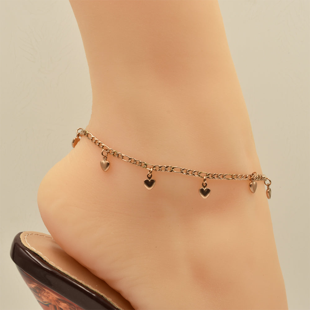 Figaro Chain With Hearts Rose Gold Stainless Steel Anklet
