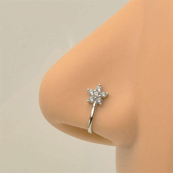 Flower Clear CZ Silver Stainless Steel Fake Nose Clip