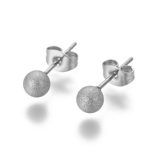 Frosted Round Ball Silver Stainless Steel Stud Earrings