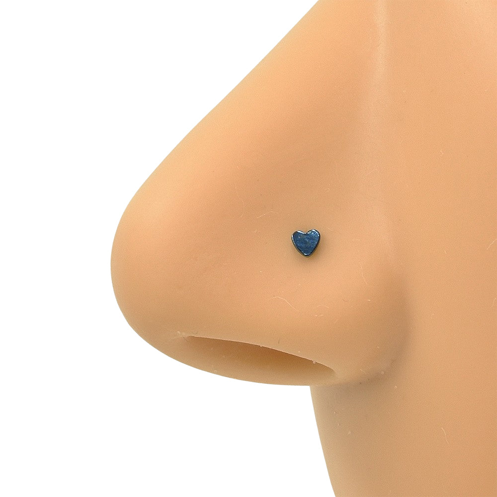 2 Heart Silver Blue Stainless Steel Curved Screw Nose Studs