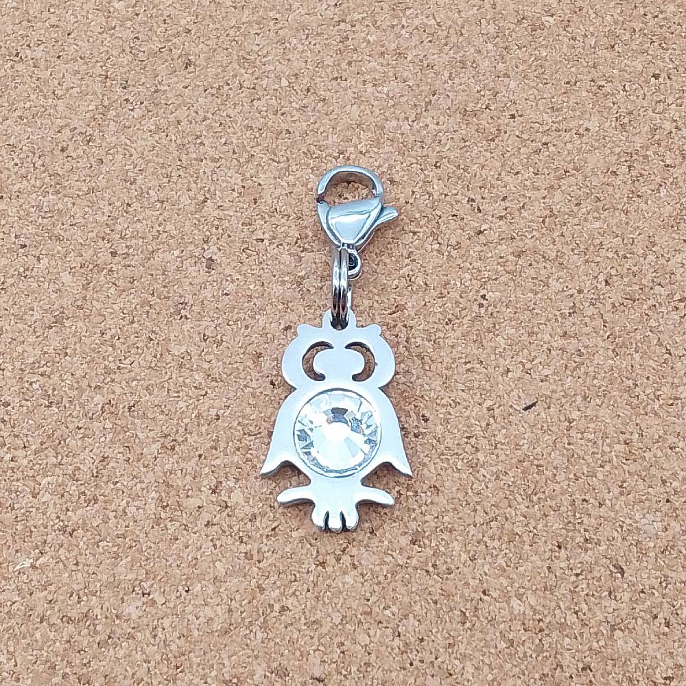 Owl Clear CZ Silver Stainless Steel Clip-on Charm
