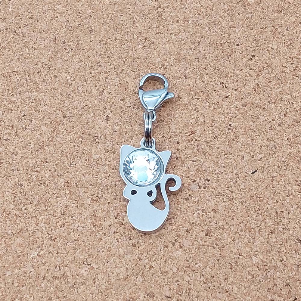 Cat Clear CZ Silver Stainless Steel Clip-on Charm