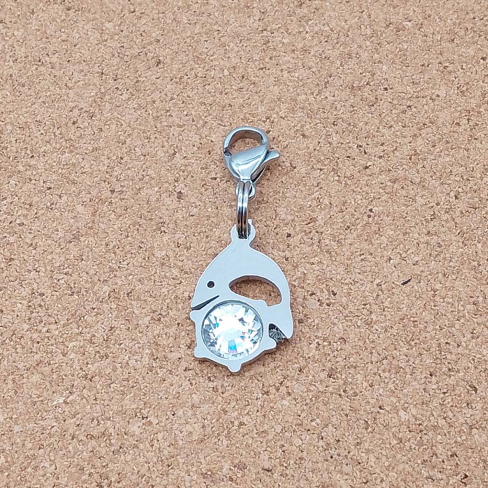 Dolphin Clear CZ Silver Stainless Steel Clip-on Charm