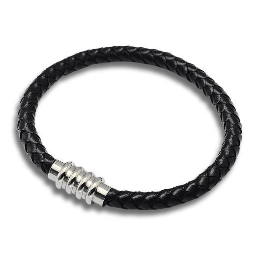 Spiral Magnetic Clasp Black Braided Leather Bracelet