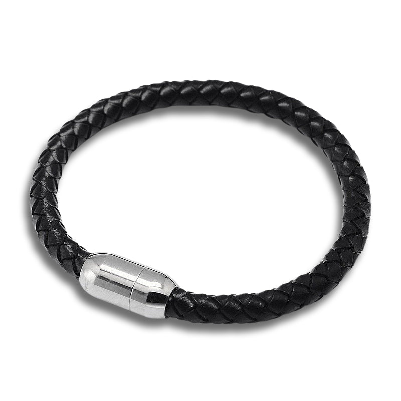 Plain Magnetic Clasp Black Braided Leather Bracelet