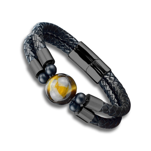 Tiger Eye Single Gemstone Black PU Leather Bracelet