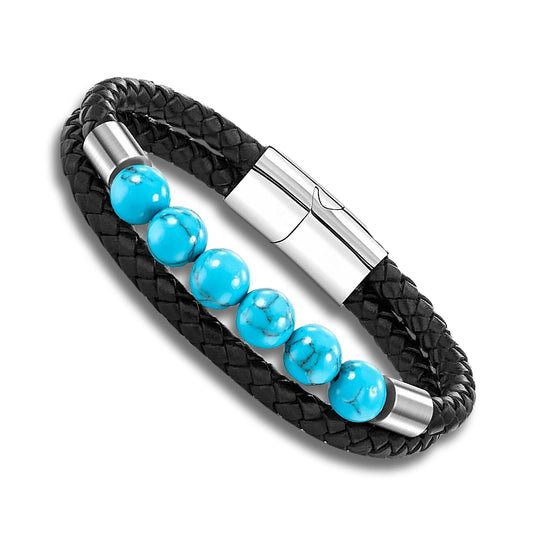 Turquoise Gemstone Black PU Leather Bracelet