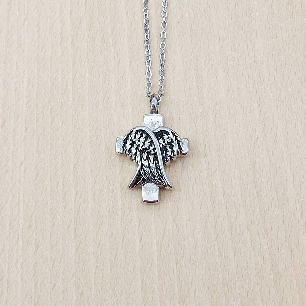 Cross Angel Wings Silver Stainless Steel Keepsake Ashes Cremation Urn Memorial Pendant Necklace