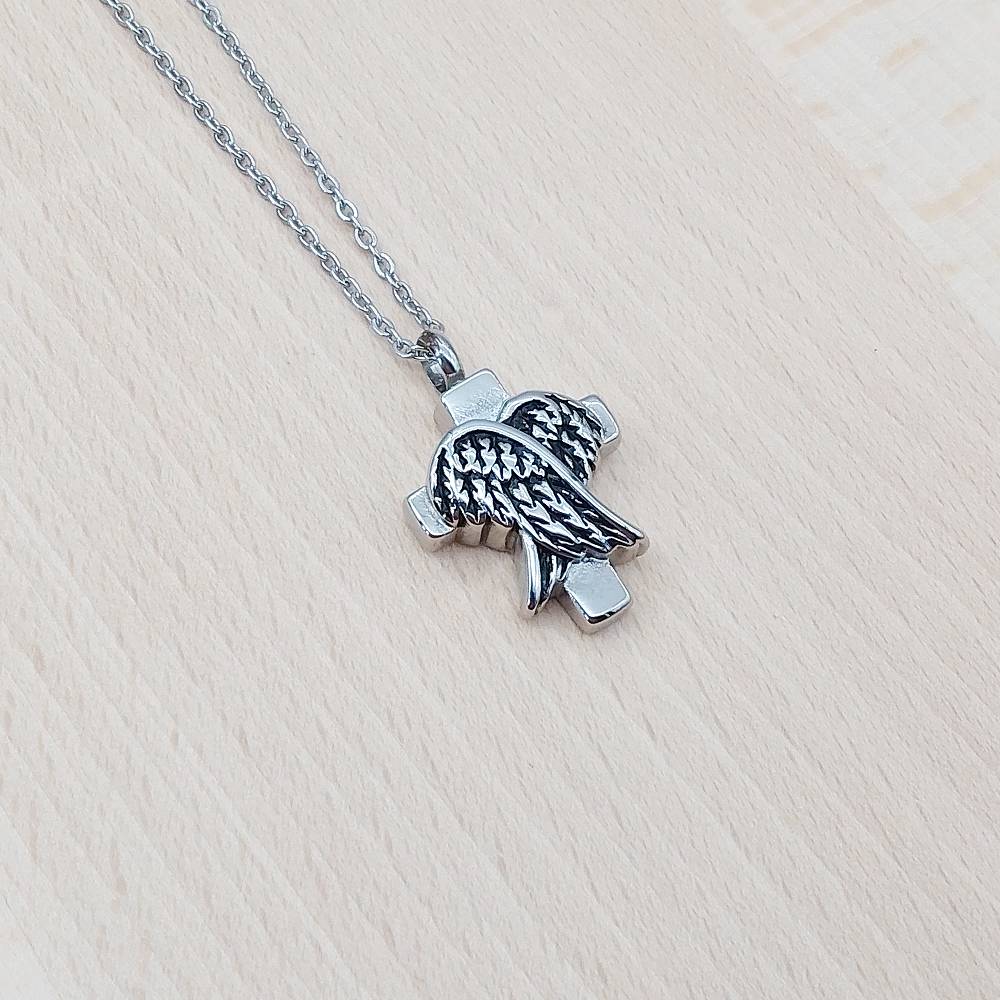 Cross Angel Wings Silver Stainless Steel Keepsake Ashes Cremation Urn Memorial Pendant Necklace