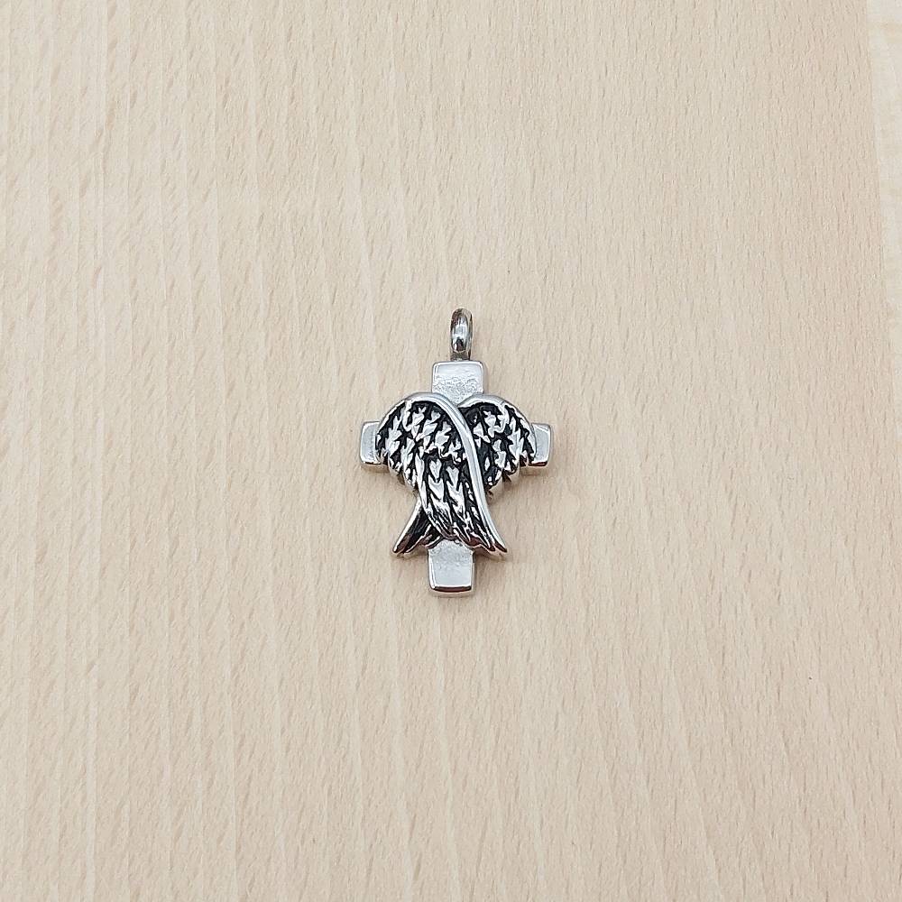 Cross Angel Wings Silver Stainless Steel Keepsake Ashes Cremation Urn Memorial Pendant Necklace