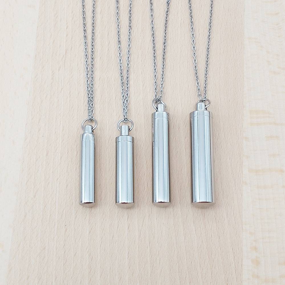 Cylinder Silver Stainless Steel Keepsake Ashes Cremation Urn Memorial Pendant Necklace