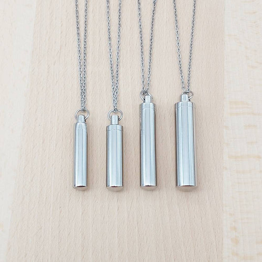 Cylinder Silver Stainless Steel Keepsake Ashes Cremation Urn Memorial Pendant Necklace