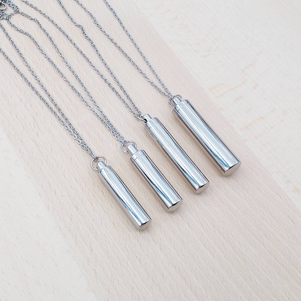 Cylinder Silver Stainless Steel Keepsake Ashes Cremation Urn Memorial Pendant Necklace