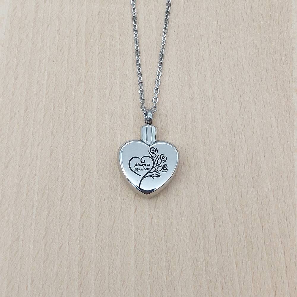 Always In My Heart Flowers Silver Stainless Steel Keepsake Ashes Cremation Urn Memorial Pendant Necklace
