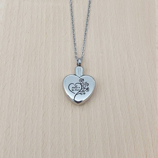 Always In My Heart Flowers Silver Stainless Steel Keepsake Ashes Cremation Urn Memorial Pendant Necklace