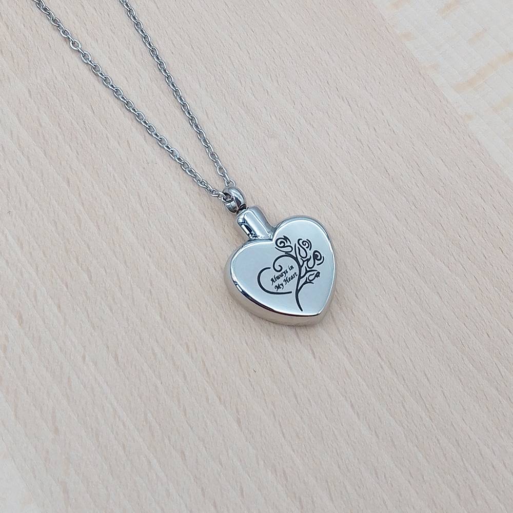 Always In My Heart Flowers Silver Stainless Steel Keepsake Ashes Cremation Urn Memorial Pendant Necklace