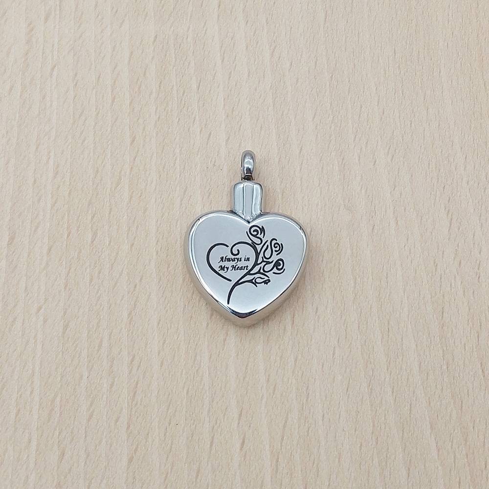 Always In My Heart Flowers Silver Stainless Steel Keepsake Ashes Cremation Urn Memorial Pendant Necklace