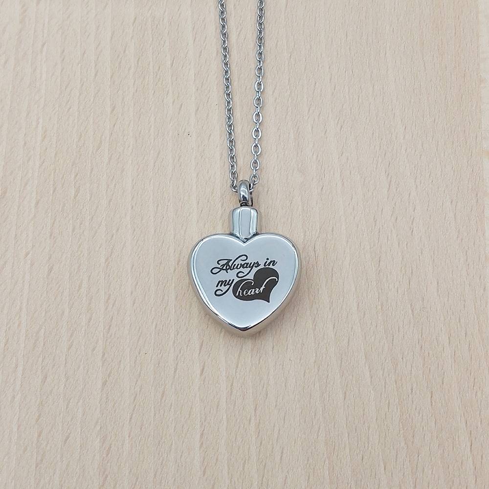 Always In My Heart Words Silver Stainless Steel Keepsake Ashes Cremation Urn Memorial Pendant Necklace