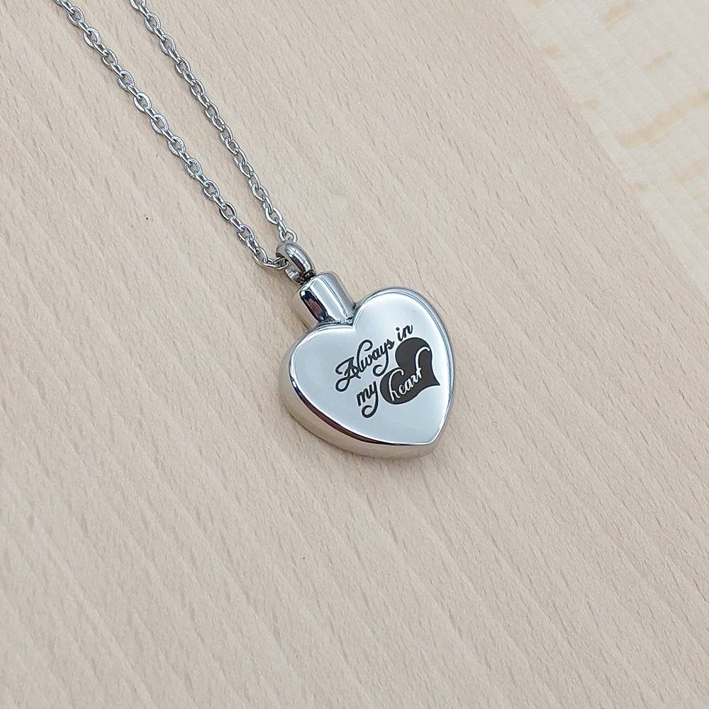 Always In My Heart Words Silver Stainless Steel Keepsake Ashes Cremation Urn Memorial Pendant Necklace