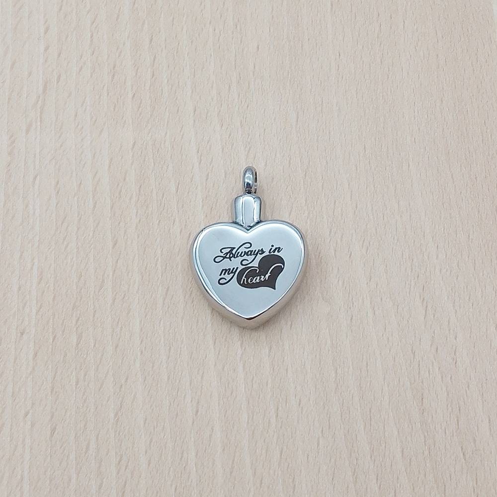 Always In My Heart Words Silver Stainless Steel Keepsake Ashes Cremation Urn Memorial Pendant Necklace