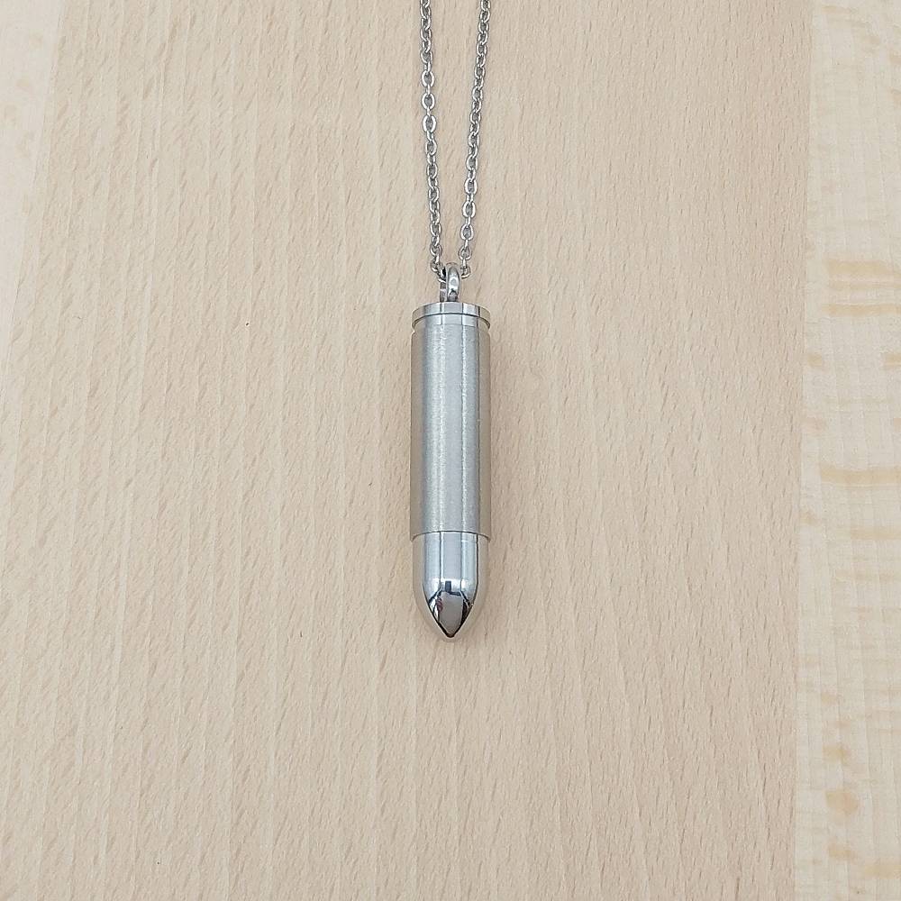 Bullet Silver Stainless Steel Keepsake Ashes Cremation Urn Memorial Pendant Necklace