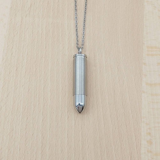 Bullet Silver Stainless Steel Keepsake Ashes Cremation Urn Memorial Pendant Necklace
