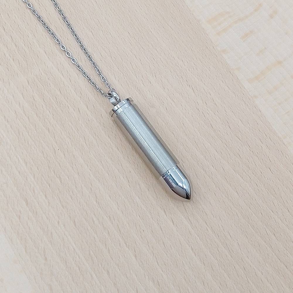 Bullet Silver Stainless Steel Keepsake Ashes Cremation Urn Memorial Pendant Necklace