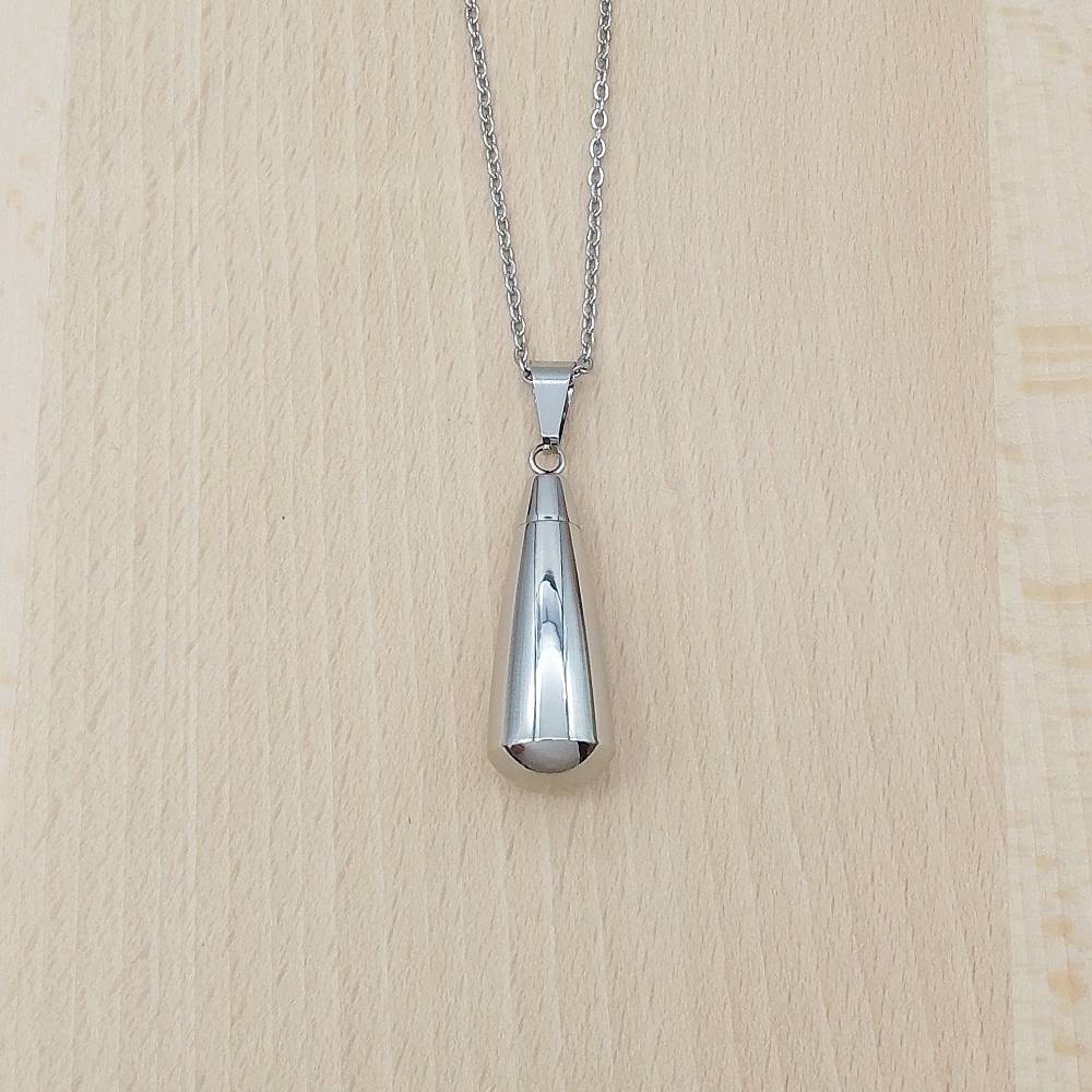Teardrop Silver Stainless Steel Keepsake Ashes Cremation Urn Memorial Pendant Necklace