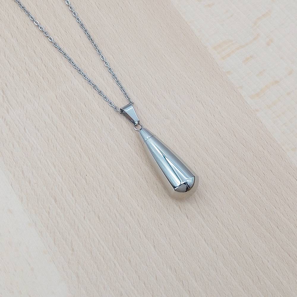 Teardrop Silver Stainless Steel Keepsake Ashes Cremation Urn Memorial Pendant Necklace