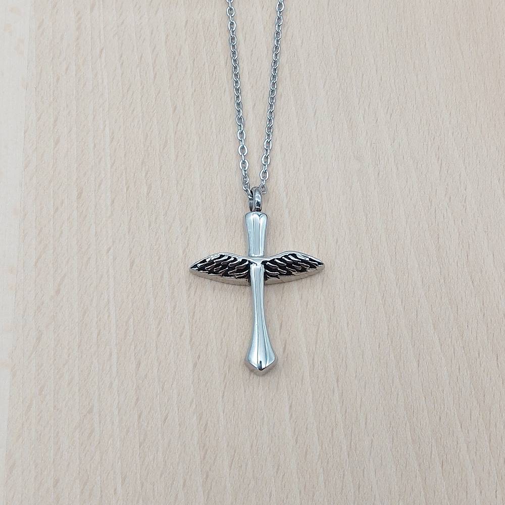 Cross Wings Silver Stainless Steel Keepsake Ashes Cremation Urn Memorial Pendant Necklace