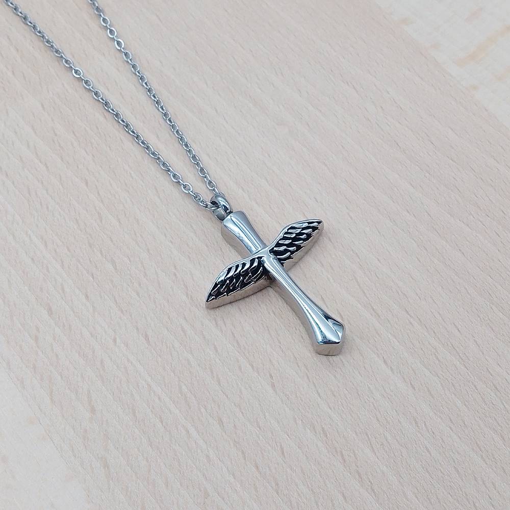 Cross Wings Silver Stainless Steel Keepsake Ashes Cremation Urn Memorial Pendant Necklace