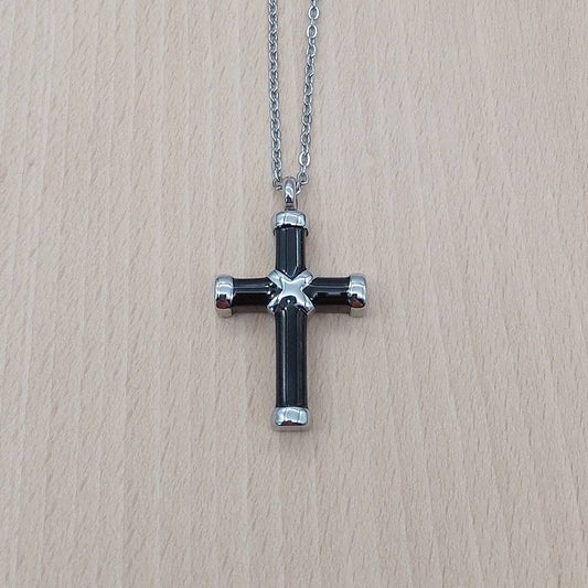 Cross Black Enamel Silver Stainless Steel Keepsake Ashes Cremation Urn Memorial Pendant Necklace