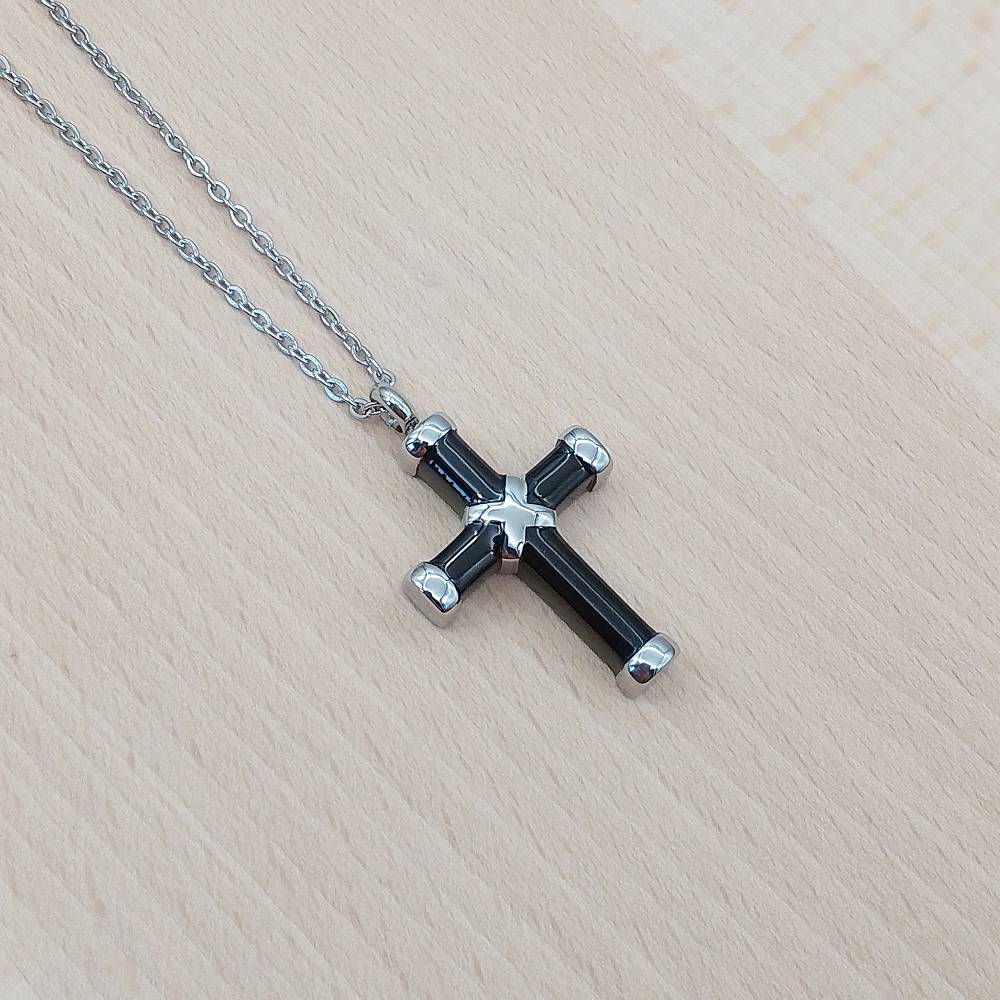 Cross Black Enamel Silver Stainless Steel Keepsake Ashes Cremation Urn Memorial Pendant Necklace