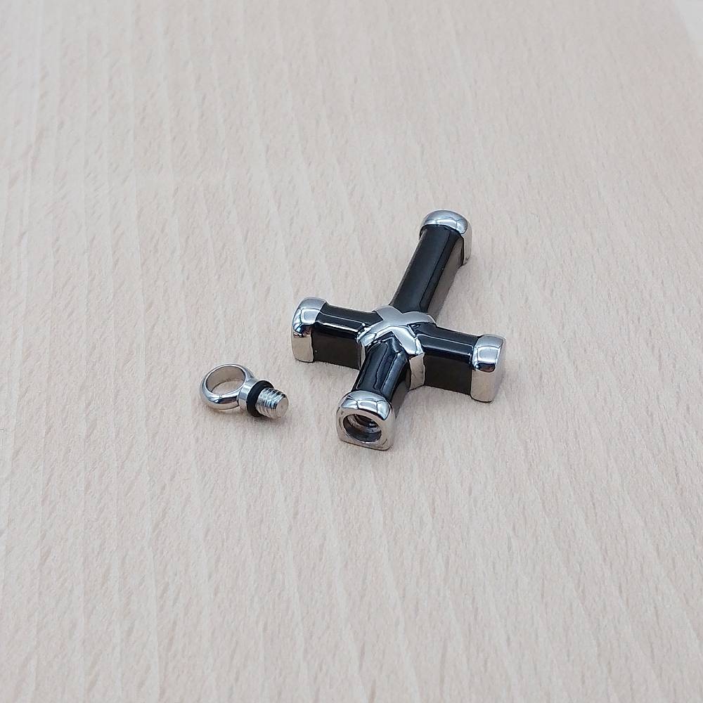 Cross Black Enamel Silver Stainless Steel Keepsake Ashes Cremation Urn Memorial Pendant Necklace