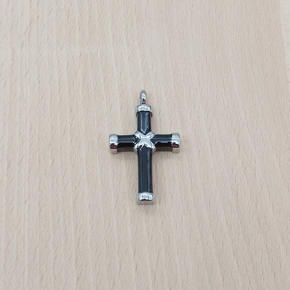 Cross Black Enamel Silver Stainless Steel Keepsake Ashes Cremation Urn Memorial Pendant Necklace