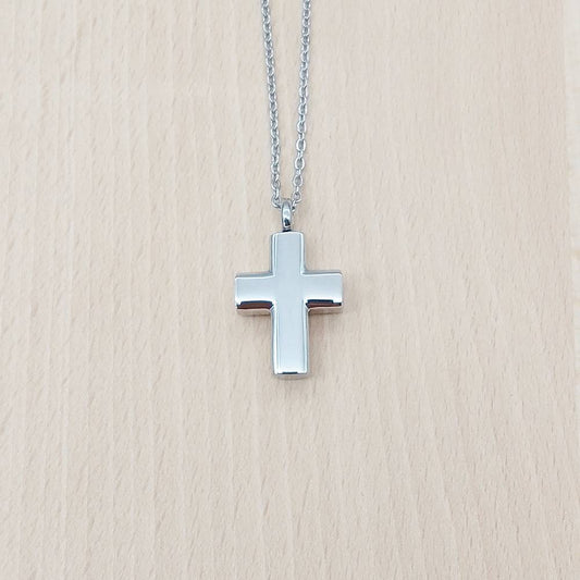 Cross Silver Stainless Steel Keepsake Ashes Cremation Urn Memorial Pendant Necklace